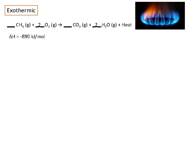 Exothermic ___ CH 4 (g) + _2_ O 2 (g) → ___ CO 2