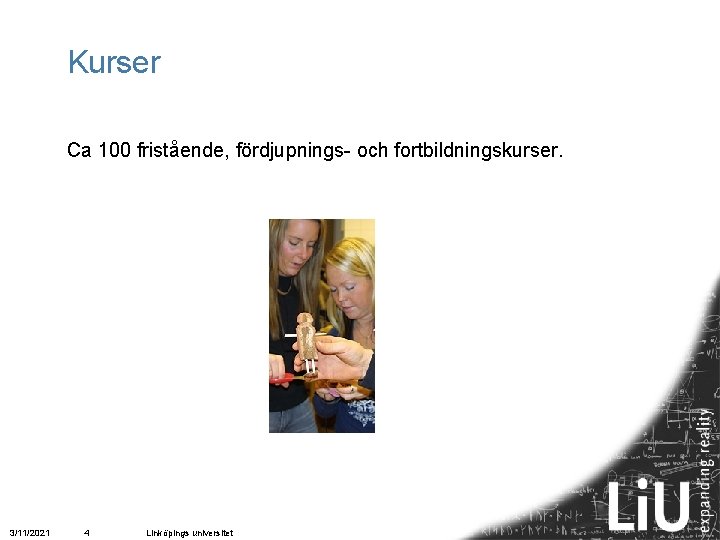 Kurser Ca 100 fristående, fördjupnings- och fortbildningskurser. 3/11/2021 4 Linköpings universitet 