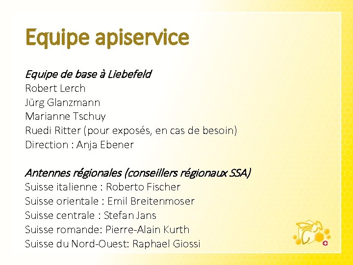 Equipe apiservice Equipe de base à Liebefeld Robert Lerch Jürg Glanzmann Marianne Tschuy Ruedi