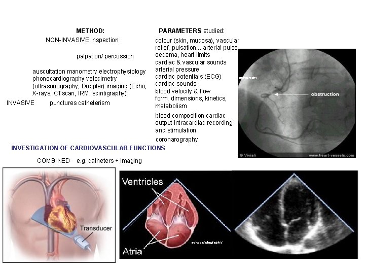 METHOD: NON-INVASIVE inspection palpation/ percussion auscultation manometry electrophysiology phonocardiography velocimetry (ultrasonography, Doppler) imaging (Echo,