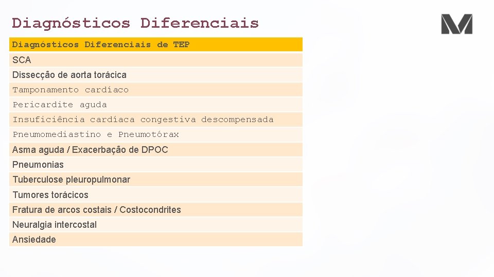 Diagnósticos Diferenciais de TEP SCA Dissecção de aorta torácica Tamponamento cardíaco Pericardite aguda Insuficiência