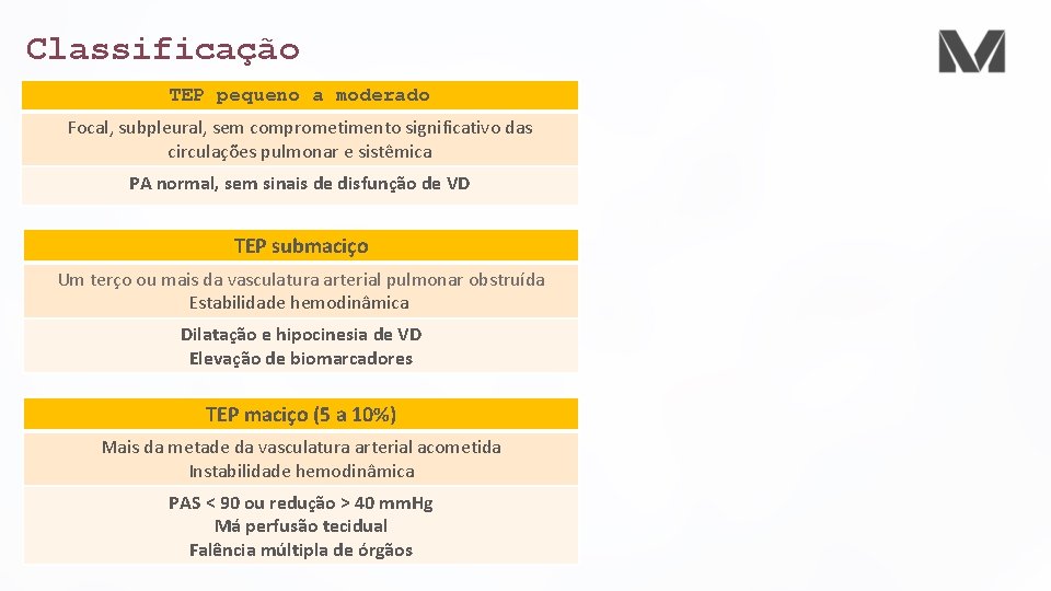 Classificação TEP pequeno a moderado Focal, subpleural, sem comprometimento significativo das circulações pulmonar e