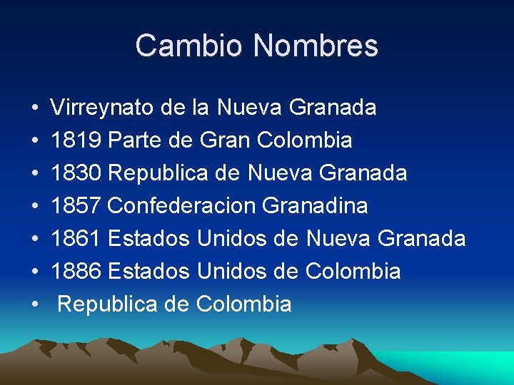 Cambio Nombres • • Virreynato de la Nueva Granada 1819 Parte de Gran Colombia