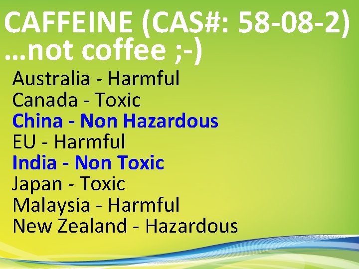 CAFFEINE (CAS#: 58 -08 -2) …not coffee ; -) Australia - Harmful Canada -