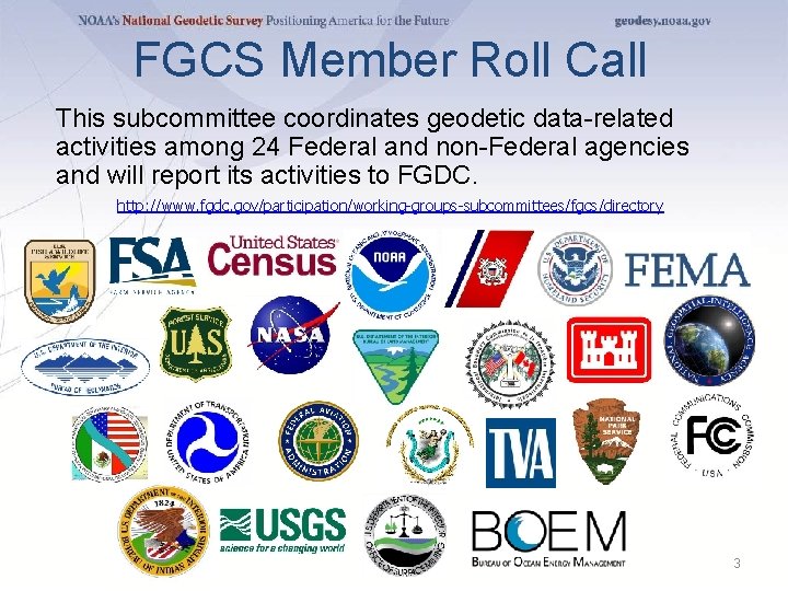 FGCS Member Roll Call This subcommittee coordinates geodetic data-related activities among 24 Federal and