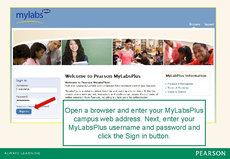 Open a browser and enter your My. Labs. Plus campus web address. Next, enter Open a browser and enter your My. Labs. Plus campus web address. Next, enter