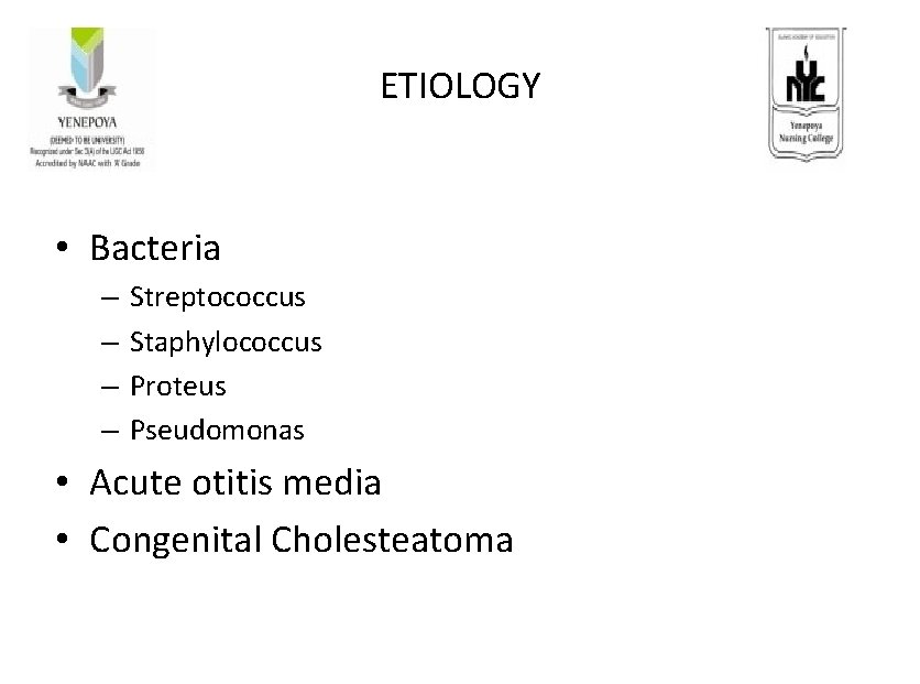 ETIOLOGY • Bacteria – – Streptococcus Staphylococcus Proteus Pseudomonas • Acute otitis media •