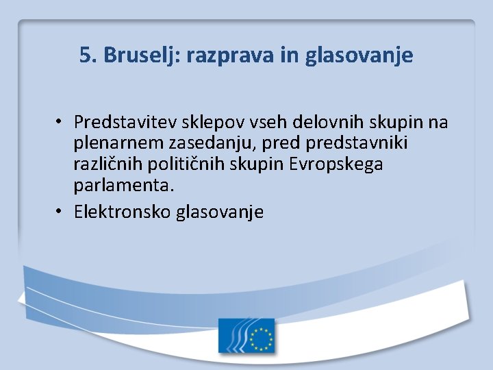 5. Bruselj: razprava in glasovanje • Predstavitev sklepov vseh delovnih skupin na plenarnem zasedanju,