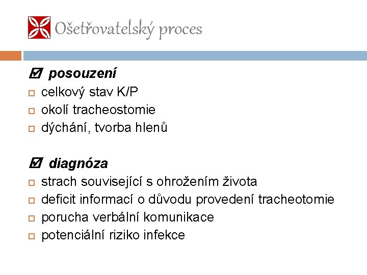  Ošetřovatelský proces posouzení celkový stav K/P okolí tracheostomie dýchání, tvorba hlenů diagnóza strach