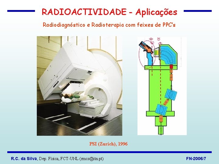 RADIOACTIVIDADE - Aplicações Radiodiagnóstico e Radioterapia com feixes de PPC’s PSI (Zurich), 1996 R.