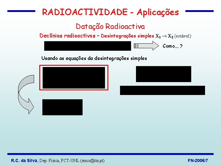 RADIOACTIVIDADE - Aplicações Datação Radioactiva Declínios radioactivos – Desintegrações simples X 1 X 2