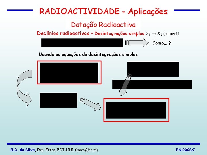 RADIOACTIVIDADE - Aplicações Datação Radioactiva Declínios radioactivos – Desintegrações simples X 1 X 2