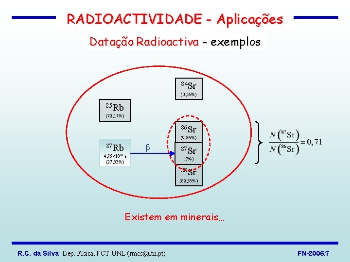 RADIOACTIVIDADE - Aplicações Datação Radioactiva - exemplos 84 Sr (0, 56%) 85 Rb (72,