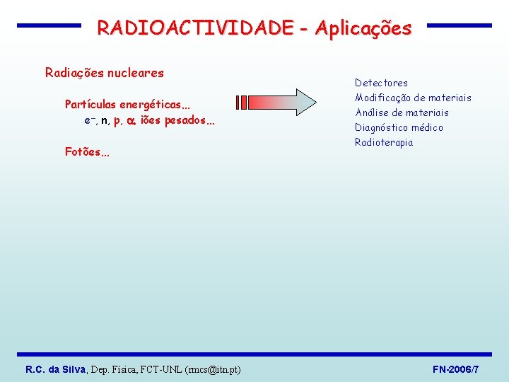 RADIOACTIVIDADE - Aplicações Radiações nucleares Partículas energéticas… e , n, p, , iões pesados…