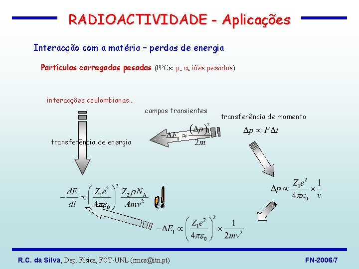 RADIOACTIVIDADE - Aplicações Interacção com a matéria – perdas de energia Partículas carregadas pesadas