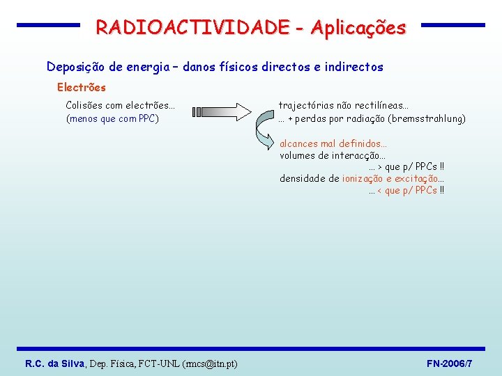 RADIOACTIVIDADE - Aplicações Deposição de energia – danos físicos directos e indirectos Electrões Colisões