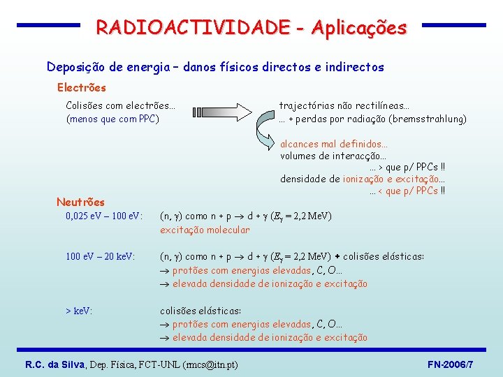 RADIOACTIVIDADE - Aplicações Deposição de energia – danos físicos directos e indirectos Electrões Colisões