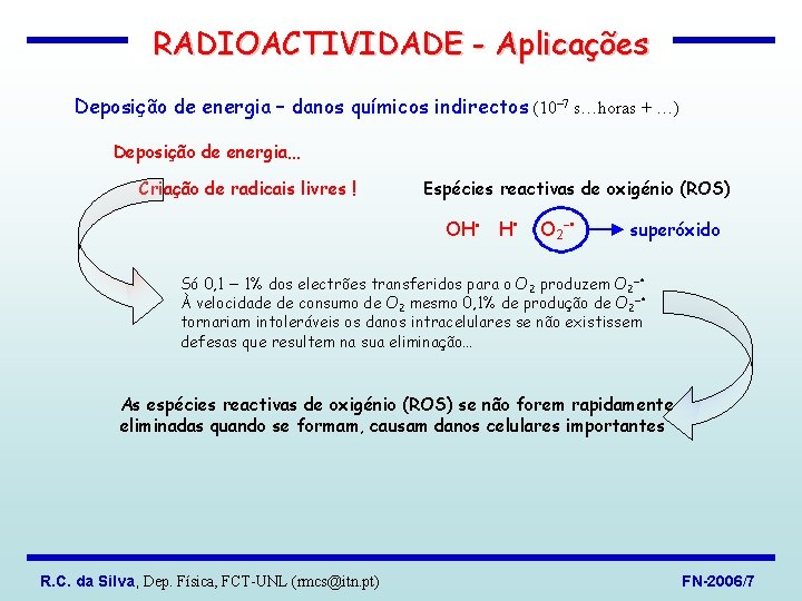 RADIOACTIVIDADE - Aplicações Deposição de energia – danos químicos indirectos (10 7 s…horas +