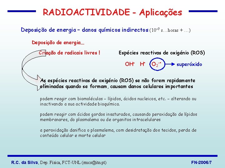 RADIOACTIVIDADE - Aplicações Deposição de energia – danos químicos indirectos (10 7 s…horas +