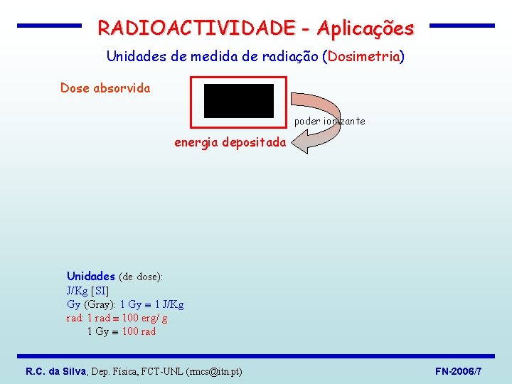 RADIOACTIVIDADE - Aplicações Unidades de medida de radiação (Dosimetria) Dose absorvida poder ionizante energia