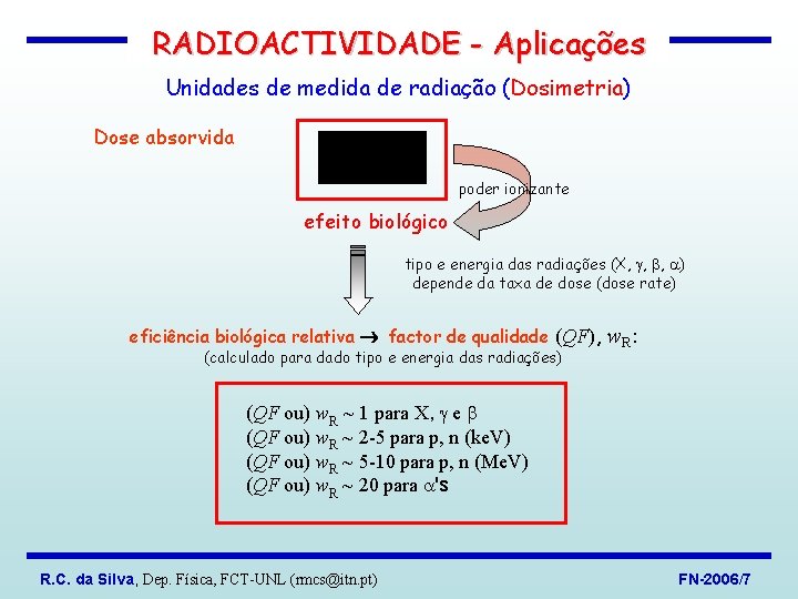 RADIOACTIVIDADE - Aplicações Unidades de medida de radiação (Dosimetria) Dose absorvida poder ionizante efeito
