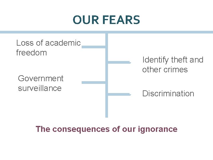 OUR FEARS Loss of academic freedom Government surveillance Identify theft and other crimes Discrimination
