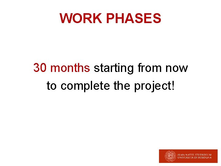 WORK PHASES 30 months starting from now to complete the project! 