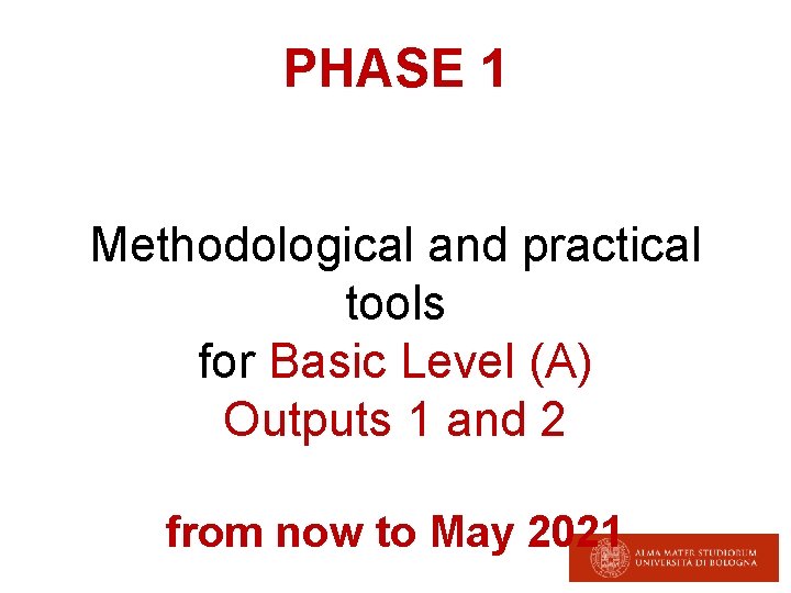 PHASE 1 Methodological and practical tools for Basic Level (A) Outputs 1 and 2