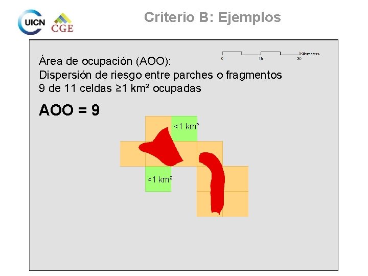 Criterio B: Ejemplos Área de ocupación (AOO): Dispersión de riesgo entre parches o fragmentos