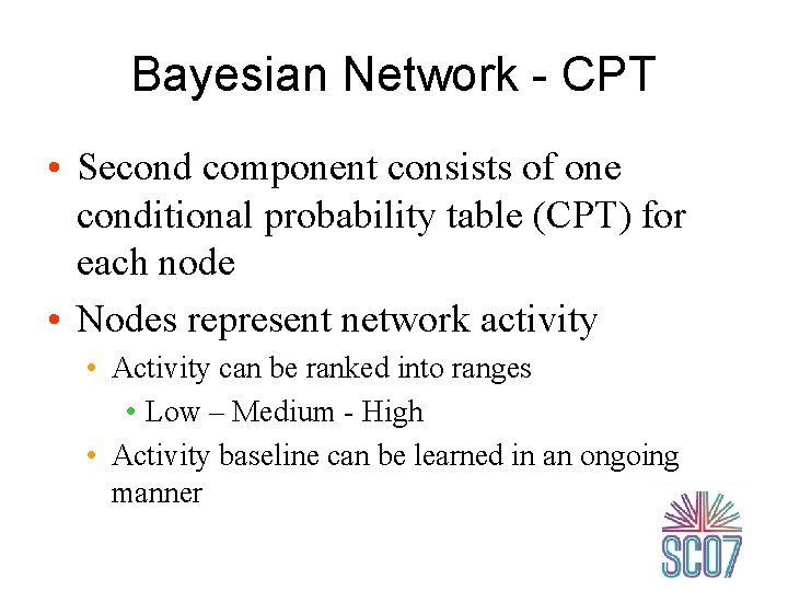 Bayesian Network - CPT • Second component consists of one conditional probability table (CPT)