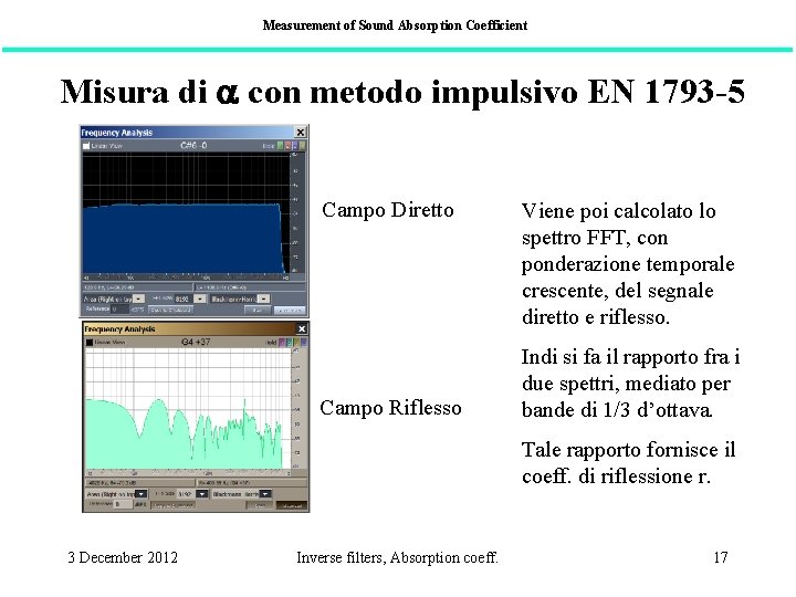 Measurement of Sound Absorption Coefficient Misura di con metodo impulsivo EN 1793 -5 Campo