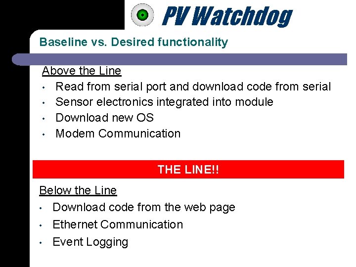 PV Watchdog Baseline vs. Desired functionality Above the Line • Read from serial port