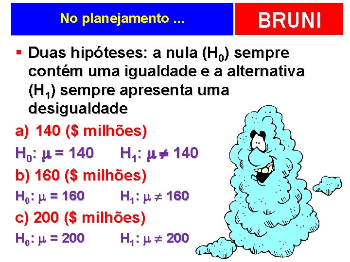 No planejamento. . . BRUNI § Duas hipóteses: a nula (H 0) sempre contém