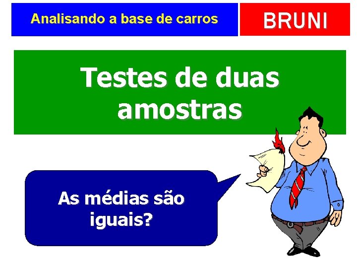 Analisando a base de carros BRUNI Testes de duas amostras As médias são iguais?