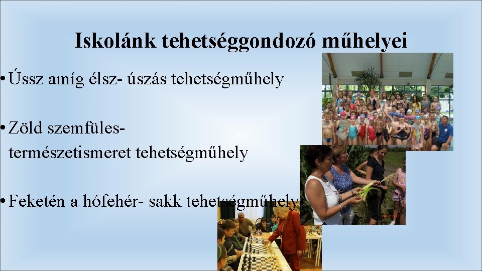 Iskolánk tehetséggondozó műhelyei • Ússz amíg élsz- úszás tehetségműhely • Zöld szemfülestermészetismeret tehetségműhely •