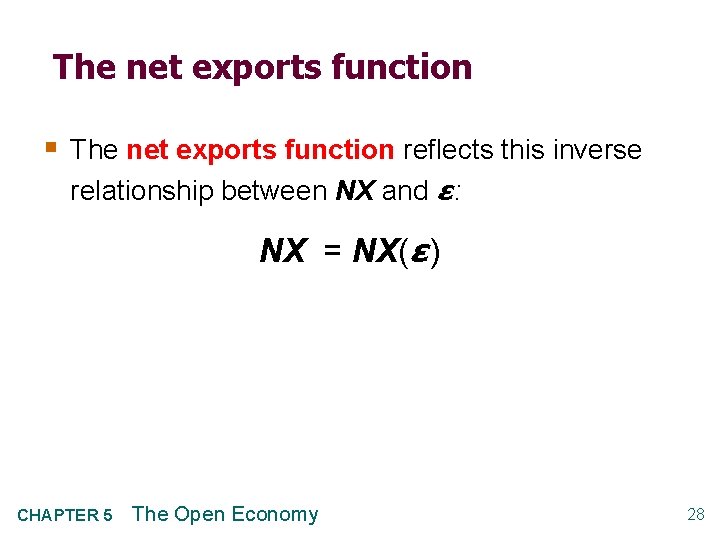 The net exports function § The net exports function reflects this inverse relationship between