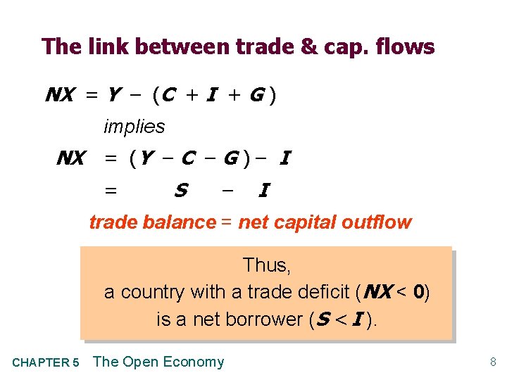 The link between trade & cap. flows NX = Y – (C + I