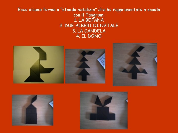 Ecco alcune forme a “sfondo natalizio” che ho rappresentato a scuola con il Tangram: