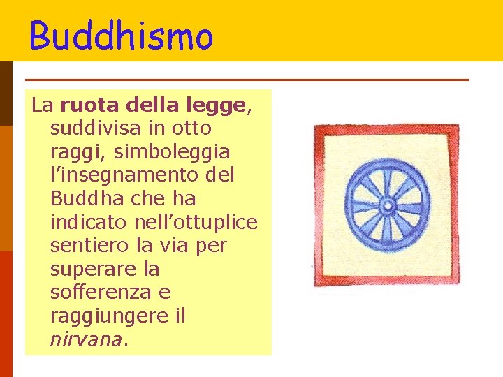 Buddhismo La ruota della legge, suddivisa in otto raggi, simboleggia l’insegnamento del Buddha che