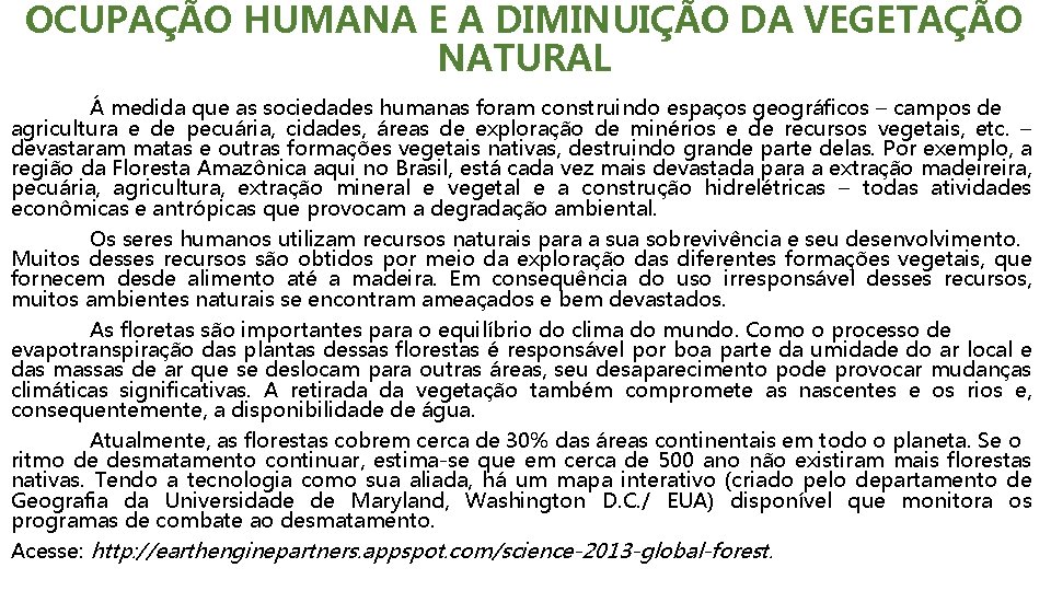 OCUPAÇÃO HUMANA E A DIMINUIÇÃO DA VEGETAÇÃO NATURAL Á medida que as sociedades humanas