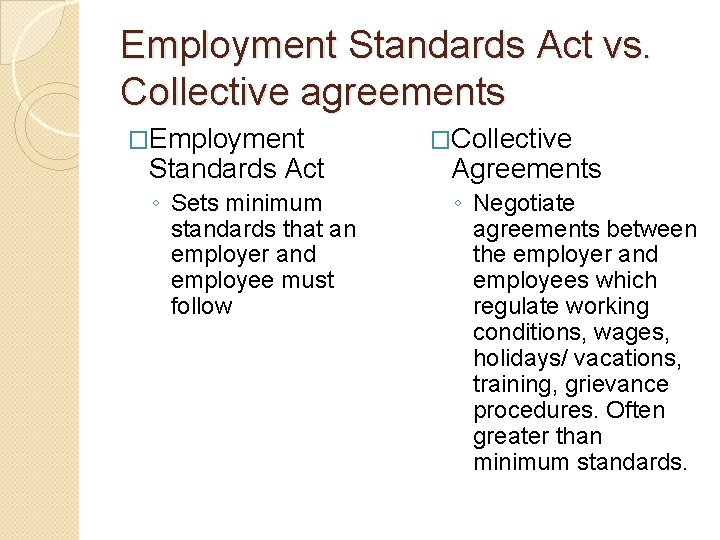 Employment Standards Act vs. Collective agreements �Employment Standards Act ◦ Sets minimum standards that