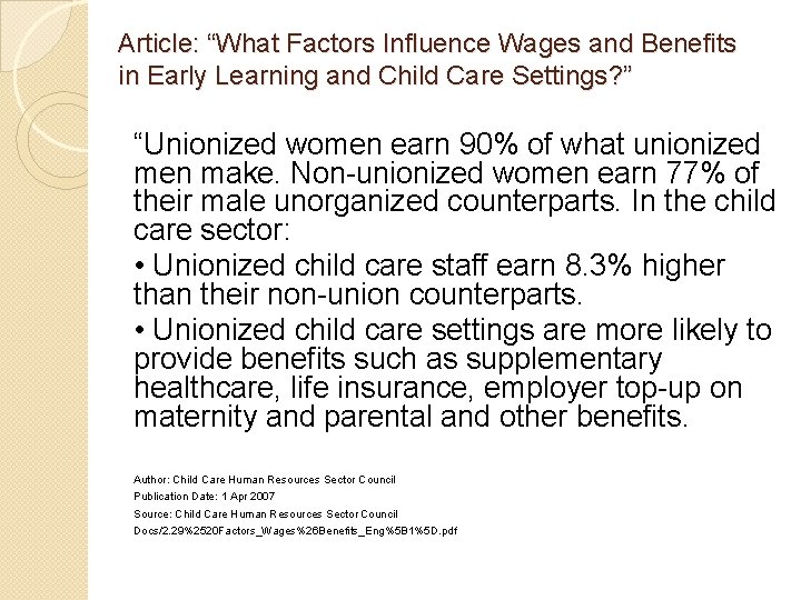 Article: “What Factors Influence Wages and Benefits in Early Learning and Child Care Settings?