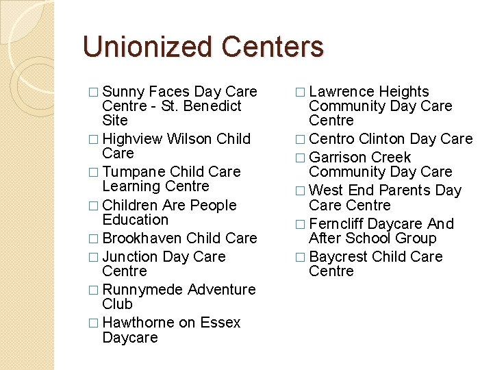 Unionized Centers � Sunny Faces Day Care Centre - St. Benedict Site � Highview