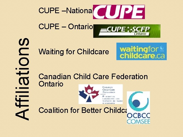 CUPE –National Affiliations CUPE – Ontario Waiting for Childcare Canadian Child Care Federation Ontario