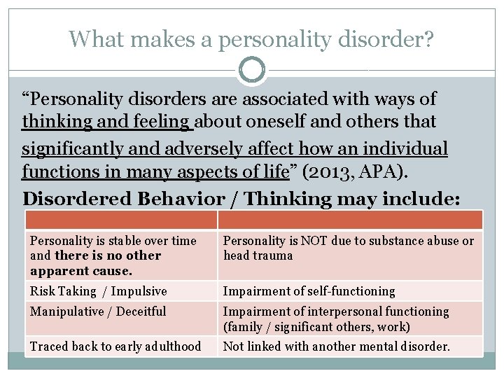 What makes a personality disorder? “Personality disorders are associated with ways of thinking and