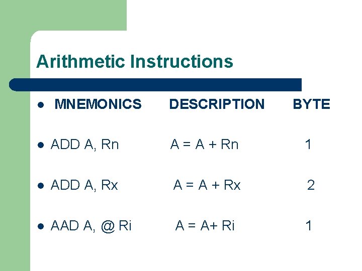 Arithmetic Instructions MNEMONICS DESCRIPTION l ADD A, Rn A = A + Rn 1