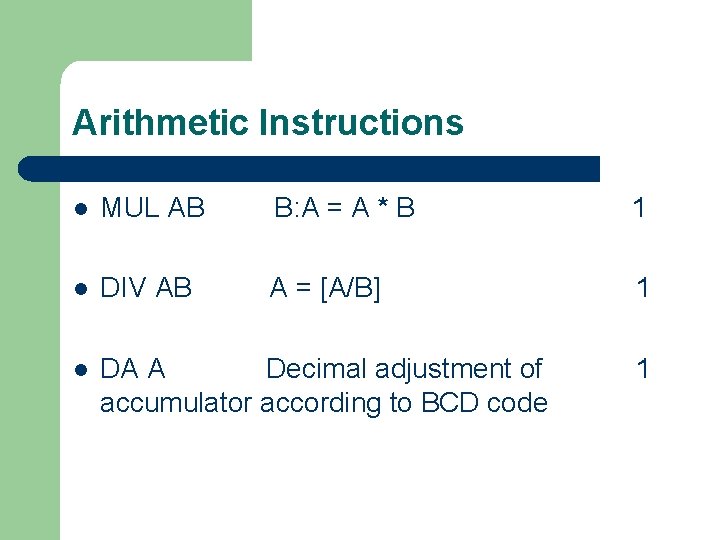 Arithmetic Instructions l MUL AB B: A = A * B 1 l DIV