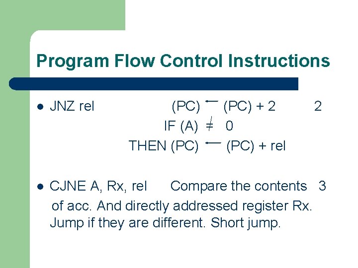 Program Flow Control Instructions l JNZ rel (PC) + 2 IF (A) = 0