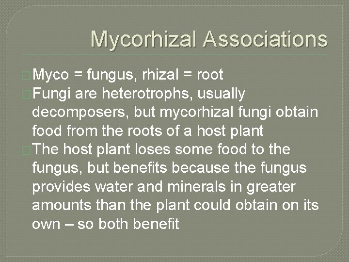 Mycorhizal Associations �Myco = fungus, rhizal = root �Fungi are heterotrophs, usually decomposers, but