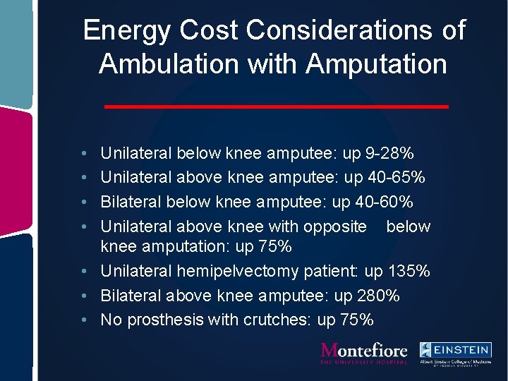 Energy Cost Considerations of Ambulation with Amputation • • Unilateral below knee amputee: up